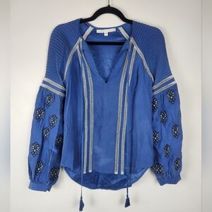 Veronica Beard Alpine Blue Silk Embroidered Tassel Blouse Top Size 0